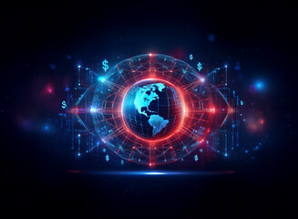 A glowing digital earth encircled by a network of red and blue lines, symbolizing global finance and interconnectedness.  Currency symbols orbit the sphere, suggesting worldwide monetary systems.
