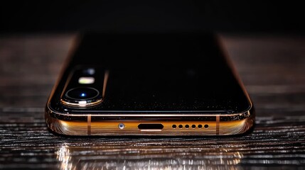 Smartphone bottom view, charging port, dark wood background, technology product shot
