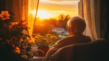 Elderly person sunset window view home peace