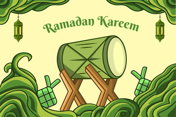 Ramadan Kareem Illustration with Bedug, Lanterns, and Ketupat