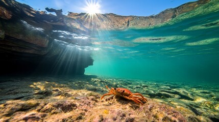 Coastal crab underwater, sunlit rocks, shallow ocean cave, tranquil scene, marine wildlife stock photo