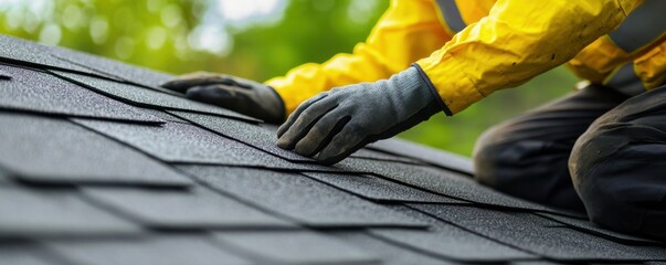 Professional Rooftop Maintenance A Rooftop Worker Carefully Secures Tiles and Shingles, Ensuring Seasonal Protection and Preventing Leaks This crucial step involves meticulous attention to detail