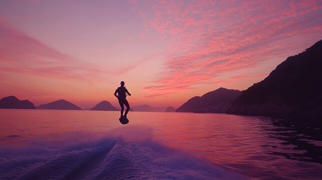 Man flyboarding sunset ocean bay mountains travel