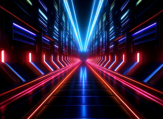 Fototapeta premium A futuristic corridor glows with vibrant neon lights. Red and blue streaks illuminate a sleek, metallic pathway stretching into the distance, creating a symmetrical, immersive digital environment.