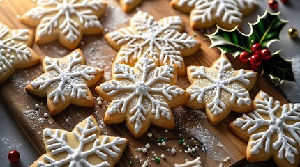 Winter-inspired snowflake cookies featuring hand-piped white icing designs, artistically arranged on a wooden board and lightly dusted with sugar for a cozy, festive holiday presentation

