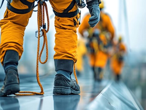 Rooftop Safety Industrial Workers in Protective Gear Tightening Fixtures, Ensuring Efficiency and Preventing Accidents High-Rise Building Maintenance, Hands-on Repair, Professional Technicians, Fall