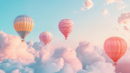 Naklejka premium Colorful hot air balloons soar above fluffy pastel clouds at sunset, ideal for travel or adventure
