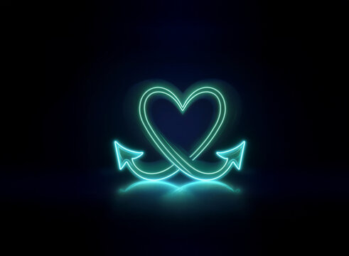 Glowing teal neon heart shape with arrow tails, reflecting on a dark surface.  A symbol of endless love and connection. - Powered by Adobe