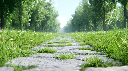 Stone path through lush green park, summer day. Peaceful nature scene for travel brochures
