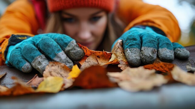 Safety First A Focused Worker Cleans Autumn Leaves from House Gutters, Wearing Protective Gloves and Gear Fall Gutter Cleaning Essential Home Maintenance for Preventing Clogs and Damage Professional