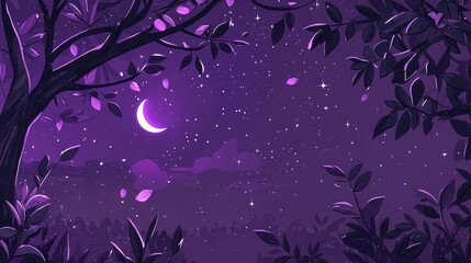 Night forest scene, crescent moon, starry sky, purple hues, peaceful nature