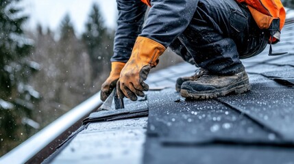 Skilled Construction Worker Performing Precise Seasonal Rooftop Maintenance Expertly Using Tools for Winter Roof Repair, Inspection, and Cleaning High-Quality Workmanship and Precision in Action for