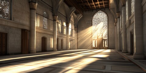 Fototapeta premium Sunbeams illuminate a grand mosque's interior, peaceful prayer hall.