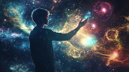 Person Admiring Cosmic Wonders in a Colorful Starry Universe