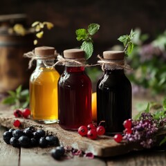 Glass Jars with Colorful Liquids Surrounded by Fresh Berries and Herbs