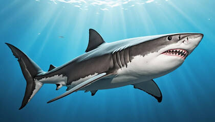 Obraz premium Magnificent Great White Shark Underwater Scene, Detailed 3D Render, Ocean Wildlife, Apex Predator, Marine Animal