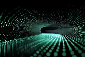 Green digital tunnel creates a mesmerizing illusion of depth against a dark backdrop, green digital tunnel on black background