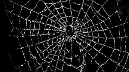 Obraz premium Intricate Spider Web Covered in Dew Drops Against Dark Background