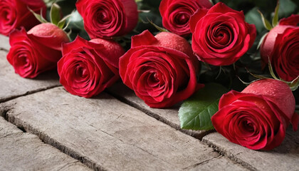 Naklejka premium Close-up of a beautiful bouquet of red roses arranged on a rustic wooden surface, perfect for Valentine's Day or romantic occasions.