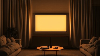 Warm-lit living room with blank screen, sofas, and curtains at night.
