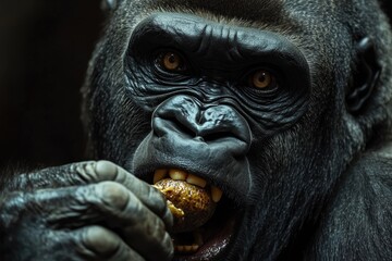 Obraz premium Western lowland gorilla enjoys a meal while chewing slowly in a natural habitat, western lowland gorilla chews his food slowly slow motion