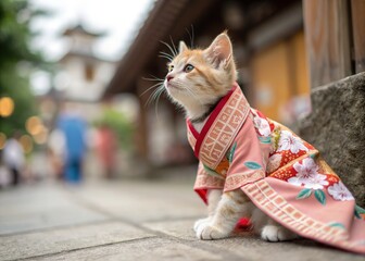 A tiny, kimono-clad feline, beautifully blurred.