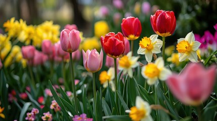 Obraz premium Colorful Spring Garden with Vibrant Tulips and Daffodils Blooms