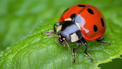 Fototapeta premium ladybug resting on fresh green leaf, symbolizing nature beauty