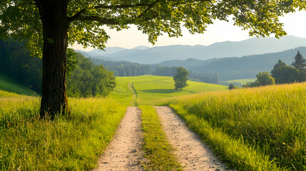 Country road sunset, mountain valley view, idyllic landscape, nature peace