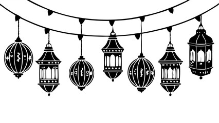 A beautifully illustrated string of  silhouette vector   lanterns hanging on a delicate glowing wire. © mdsohrab