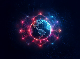 Obraz premium A glowing Earth encircled by a vibrant, interconnected network of nodes, symbolizing global connectivity and digital technology. Red and blue hues illuminate the intricate design.