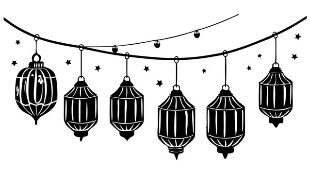A beautifully illustrated string of  silhouette vector   lanterns hanging on a delicate glowing wire.
