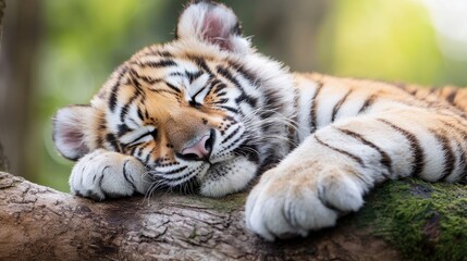 Sleeping tiger cub on a branch, forest background, wildlife photography