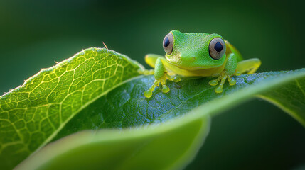 Obraz premium vibrant green frog perched on fresh leaf, showcasing biodiversity