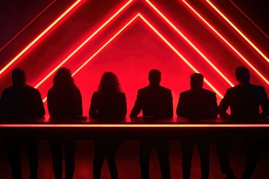 silhouettes decision meeting corporate making concept. Silhouettes of judges against a backdrop of red neon lights.