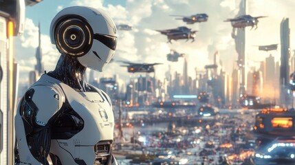 A futuristic robot overlooking a bustling city with flying drones and advanced architecture.