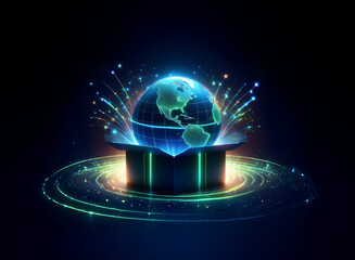 A glowing Earth globe magically appears from a dark box, surrounded by vibrant energy bursts. A futuristic, wonderous scene.