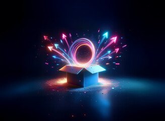 A glowing box emits vibrant, neon arrows and a swirling ring, symbolizing explosive growth and exciting possibilities.  The dark background emphasizes the radiant energy.