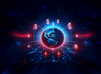 Obraz premium A glowing digital globe encircled by neon dollar signs, representing global finance and digital currency. Red and blue hues create a futuristic, technological aesthetic.