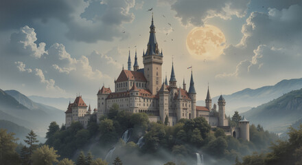 Obraz premium palace on a hill at night with a full moon