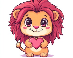 Fototapeta premium Cute lion cub holding heart, white background, Valentine's card (1)