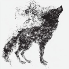Artistic black and white illustration of a howling wolf with smoke and abstract shapes merging in a creative design