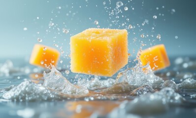 Vibrant orange cubes splashing in water