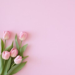 Obraz premium A minimalist floral flat lay featuring a small bunch of tulips on a soft pastel backdrop with ample negative space for a clean aesthetic.