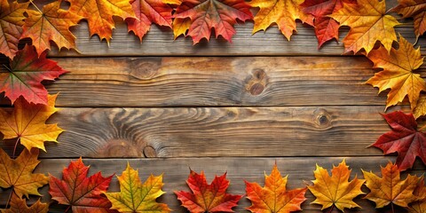 Obraz premium Autumn Sugar Maple Leaves Framing Rustic Wood Background , autumn leaves, rustic, autumn leaves, rustic, scenic, maple leaf