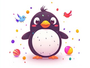Naklejka premium Cute penguin playing with colorful balls and birds
