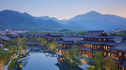 Fototapeta premium Serene Mountain Landscape with Traditional Architecture at Dusk