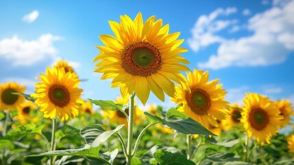Fototapeta premium Vibrant Sunflower Field Under Blue Sky with Fluffy White Clouds