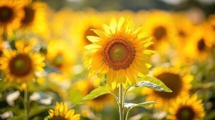 Vibrant Sunflower Bloom Surrounded by Lush Yellow Fields
