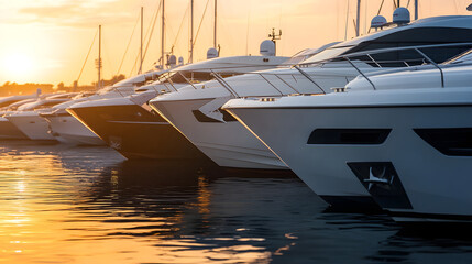 Fototapeta premium Multiple Luxury Motor Yachts Moored at Sunset